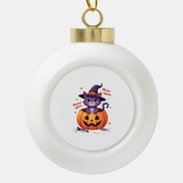 Boule En Céramique Joyeux Meow-a-ween - Chouette Chat Sorcière Citrou (Devant)