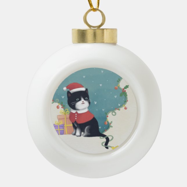 Boule En Céramique Joyeux Noël : Art d'illustration de chat (Devant)