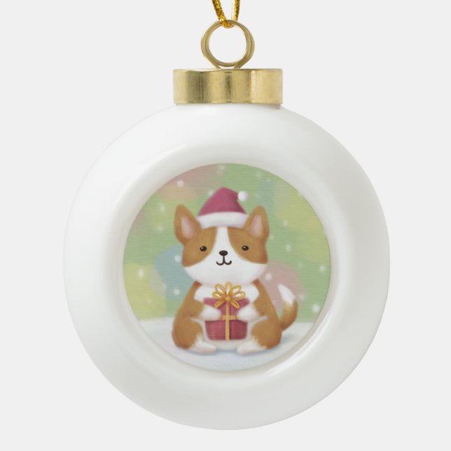 Boule En Céramique Joyeux Noël : Corgi Illustration Art (Devant)