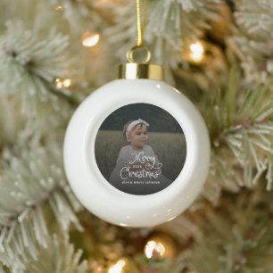 Boule En Céramique Joyeux Noël Écriture Fantaisiste  Photo de bébé 