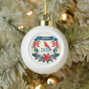 Boule En Céramique Joyeux Noël et Bonne Année ! 2027 Oiseau Rouge