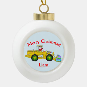Boule En Céramique Joyeux Noël Père Noël En Bulldozer Livrant Cadeau