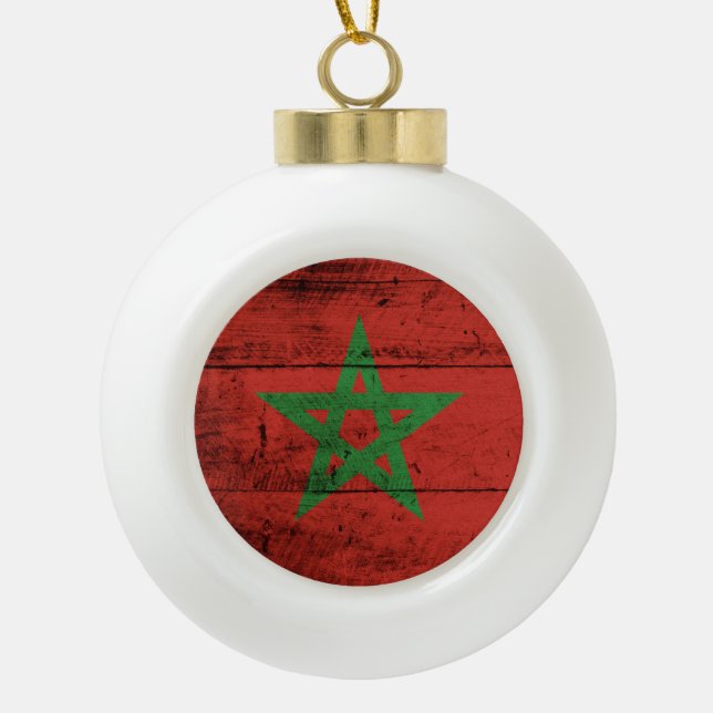 Boule En Céramique Le drapeau marocain sur le vieux grain de bois (Devant)