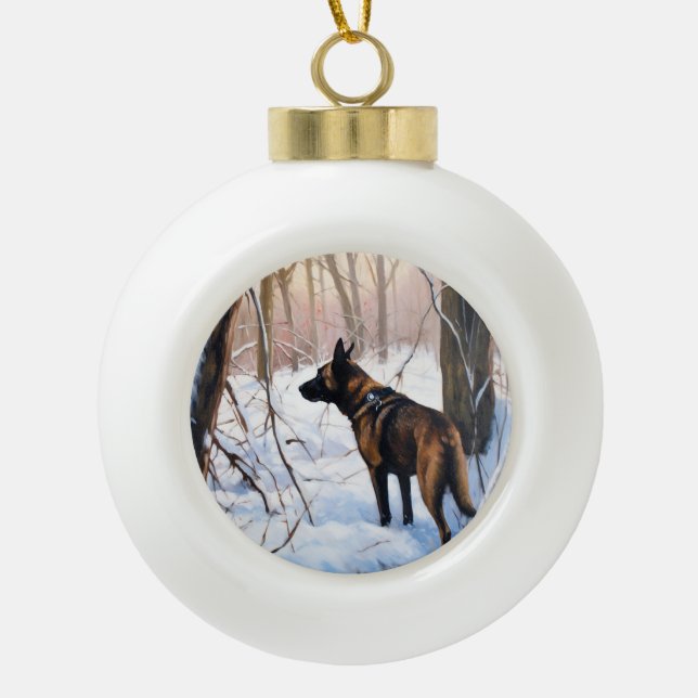 Boule En Céramique Le Malinois Belge Laisser Neige Noël (Devant)