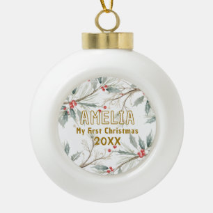 Boule En Céramique Le premier Noël de bébé Holly Feuillage d'hiver