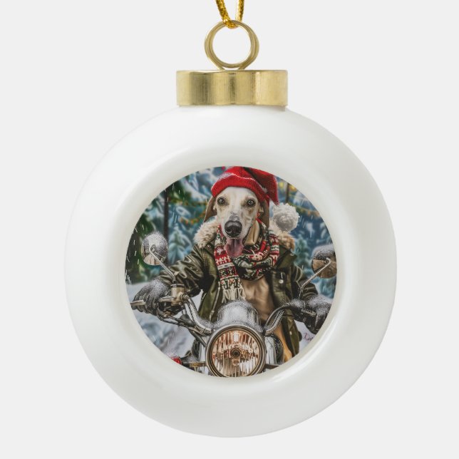 Boule En Céramique Lévrier sur une moto pour Noël  (Devant)