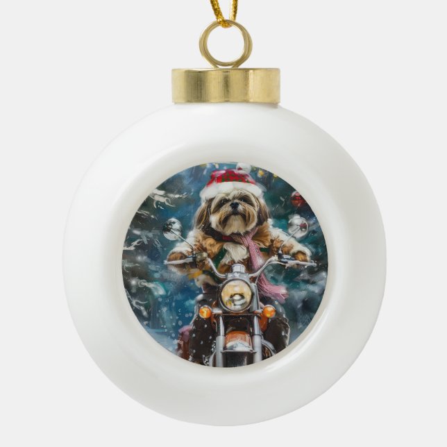 Boule En Céramique Lhasa Apso Chien à cheval Moto Noël (Devant)