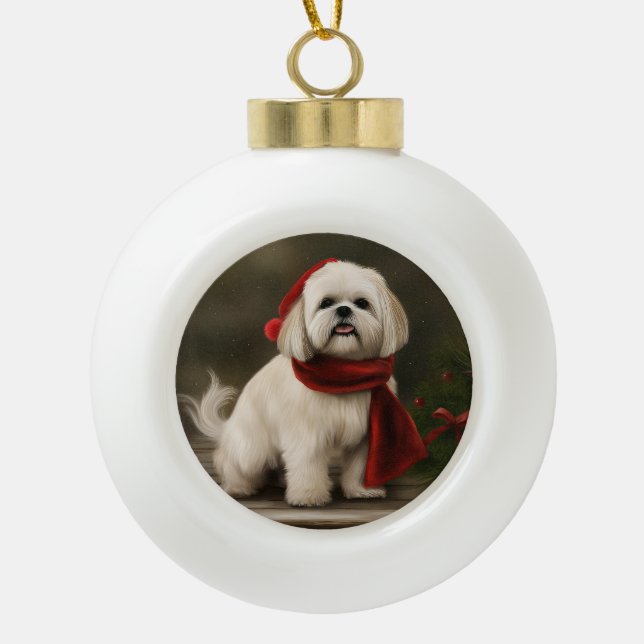 Boule En Céramique Lhasa Apso Chien dans Noël de neige (Devant)