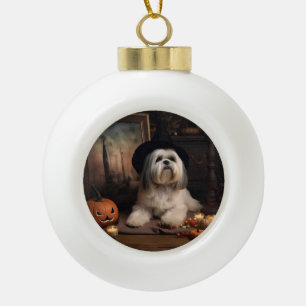 Boule En Céramique Lhasa Apso Citrouilles Halloween Épouvantable