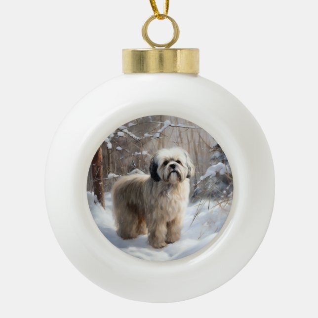 Boule En Céramique Lhassa Apso Laisse Neige Noël (Devant)