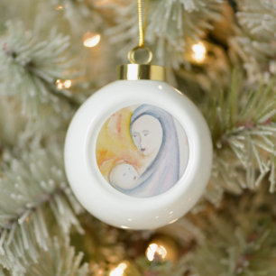 Boule En Céramique Madone et Enfant de Noël à l'aquarelle religieuse