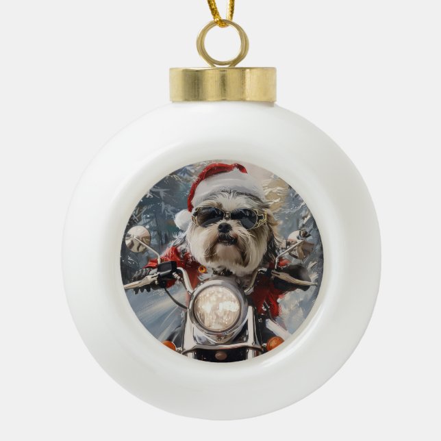 Boule En Céramique Malti Tzu Chien équitation Moto Noël (Devant)