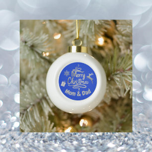 Boule En Céramique Maman et papa Joyeux Noël en argent sur bleu