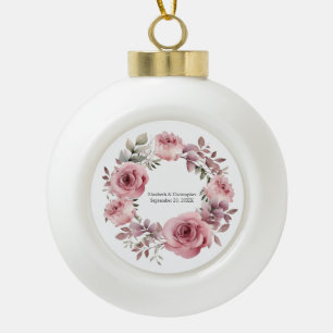 Boule En Céramique Mariage Aquarelle Roses Roses Vertes Monogramme