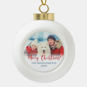 Boule En Céramique Merry Christmas Red Script Family Photo Dog