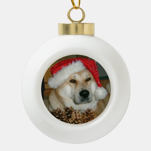Boule En Céramique mignon chien akita habillé pour noël (Devant)