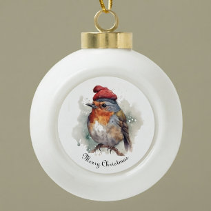 Boule En Céramique Motif Aquarelle Rouge Robin D'Hiver