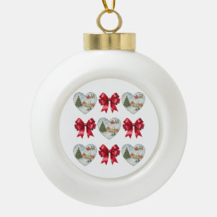 Boule En Céramique Motif Coquette Cœur et Rubans de Noël