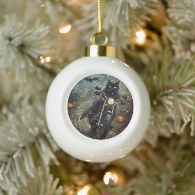 Boule En Céramique Moto à équitation Chat Noir Halloween effrayant (Arbre)