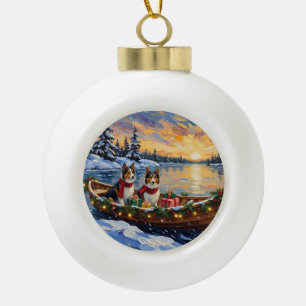 Boule En Céramique Noël avec un bateau et un Shetland Sheepdog pour l