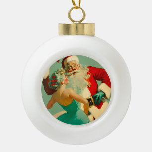 Boule En Céramique Noël bleu vintage "Baiser le Père Noël"