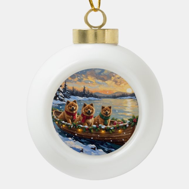 Boule En Céramique Noël Chow Chow Bateau Fêtes (Devant)