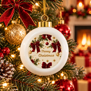 Boule En Céramique Noël joyeux Nœud en velours bordeaux élégant en cé