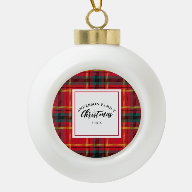 Boule En Céramique Noël Tartan Plaid Nom de famille Année (Devant)