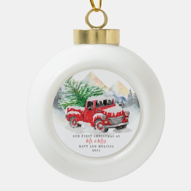 Boule En Céramique Notre premier Camion Rouge Marié de Noël (Devant)