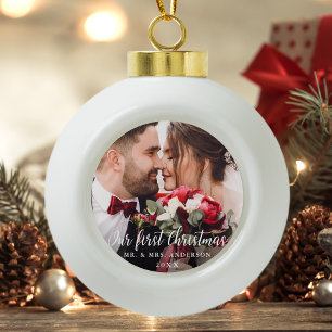 Boule En Céramique Notre première photo Mariage de Noël Script blan