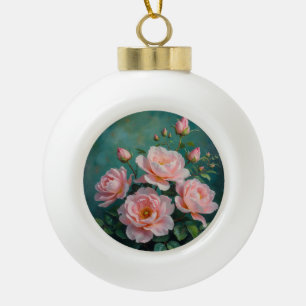 Boule En Céramique Œuvre d'art Pivoines Roses sur Fond Vert Émeraude