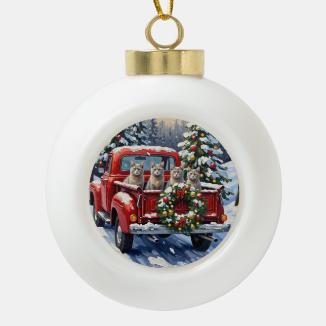 Boule En Céramique Oriental Blue Cat Christmas Red Truck Holiday (Devant)