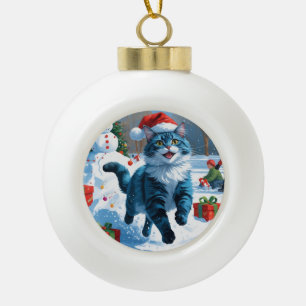 Boule En Céramique Oriental Blue Chat assis dans le Casquette de Noël