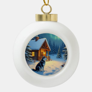 Boule En Céramique Peinture de Noël de cabane enneigée avec Husky de