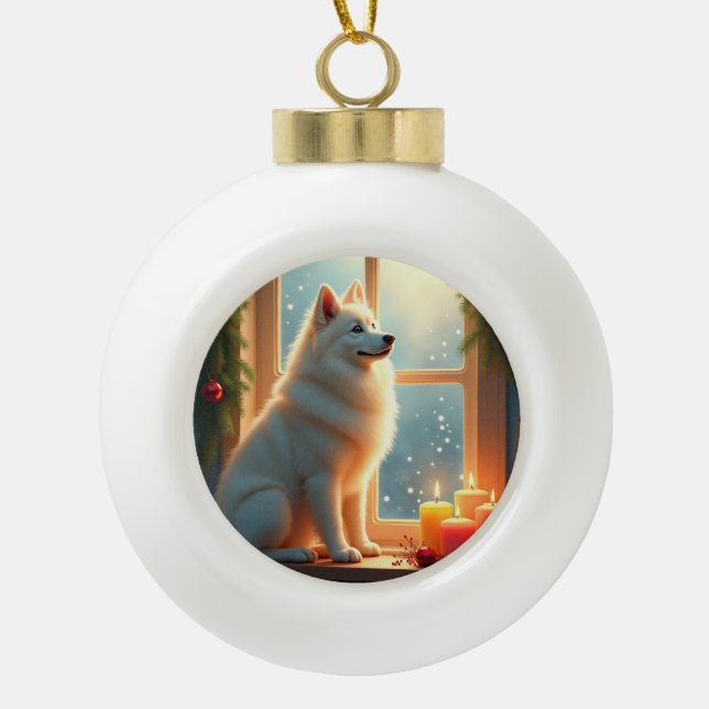 Boule En Céramique Peinture de Noël Samoyède sous le gui (Devant)