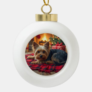 Boule En Céramique Peinture de Yorkshire Terrier Soir de Noël Cosy