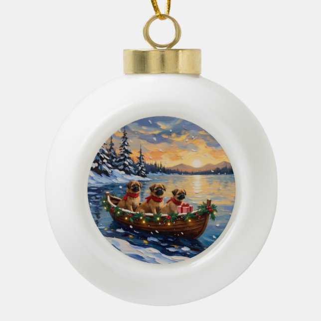 Boule En Céramique Pékinois Bateau de Noël Vacances (Devant)