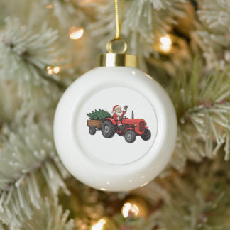 Boule En Céramique Père Noël conduisant un tracteur Ferme de Noël Wag