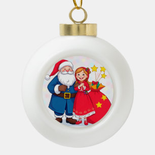 Boule En Céramique Père Noël et fille avec un sac de cadeaux
