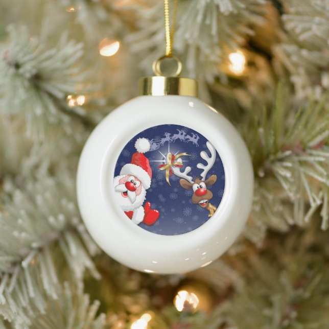 Boule En Céramique Père Noël et Reindeer Joyeux Noël Joyeux dessin an (Arbre)