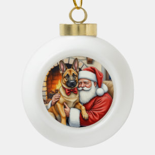 Boule En Céramique Père Noël tenant l'art de Noël du Malinois belge