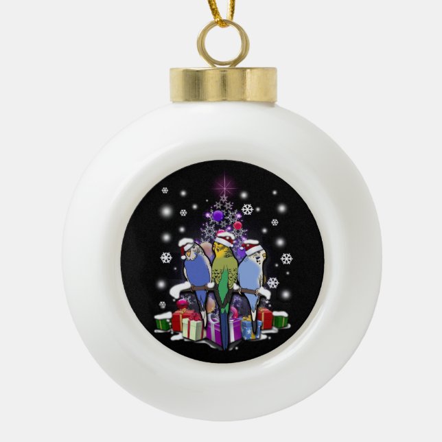 Boule En Céramique Perruches avec le cadeau et les flocons de neige (Devant)