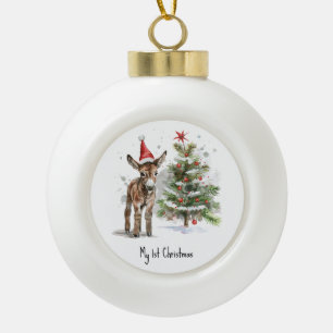 Boule En Céramique petit âne mignon et arbre de noël, personnalisable