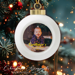 Boule En Céramique Photo de Noël de bébé avec étoiles scintillantes d
