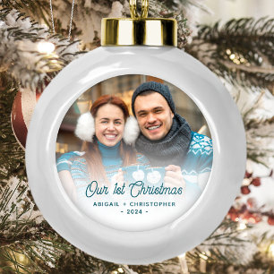 Boule En Céramique Photo de Noël pour jeunes mariés - Écriture turquo