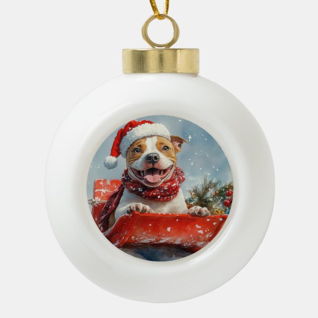 Boule En Céramique Pitbull Chien dans la boue Laisser il neige Noël (Devant)