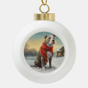 Boule En Céramique Pitbull Chien dans Noël de neige