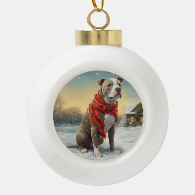 Boule En Céramique Pitbull Chien dans Noël de neige (Devant)