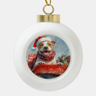 Boule En Céramique Pitbull Chien en Luge Laissez Tomber la Neige Noël
