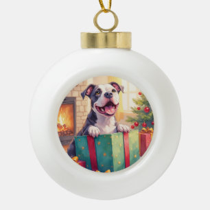 Boule En Céramique Pitbull joueur ouvrant des cadeaux de Noël vacance
